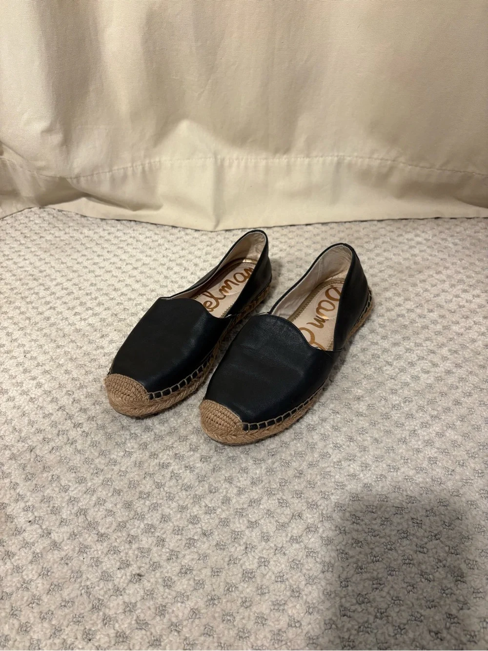 Sam Edelman Black Leather Espadrille Slip-Ons with Braided Tan Toe